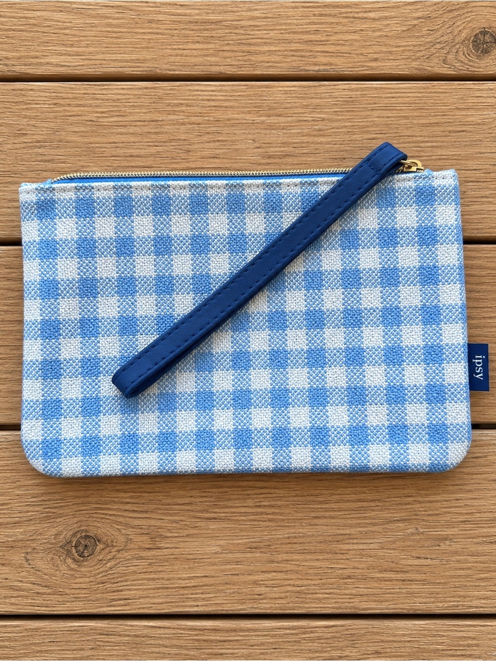 ipsy Blue and White Gingham Wristlet
